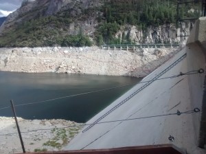 The Salt Springs Reservoir, in the Sierra Nevada Mountains east of Sacramento, has experienced dropping water levels, barely covering the lowest gauges installed by the U.S. Geological Survey. (Credit: Rowan Gaffney)